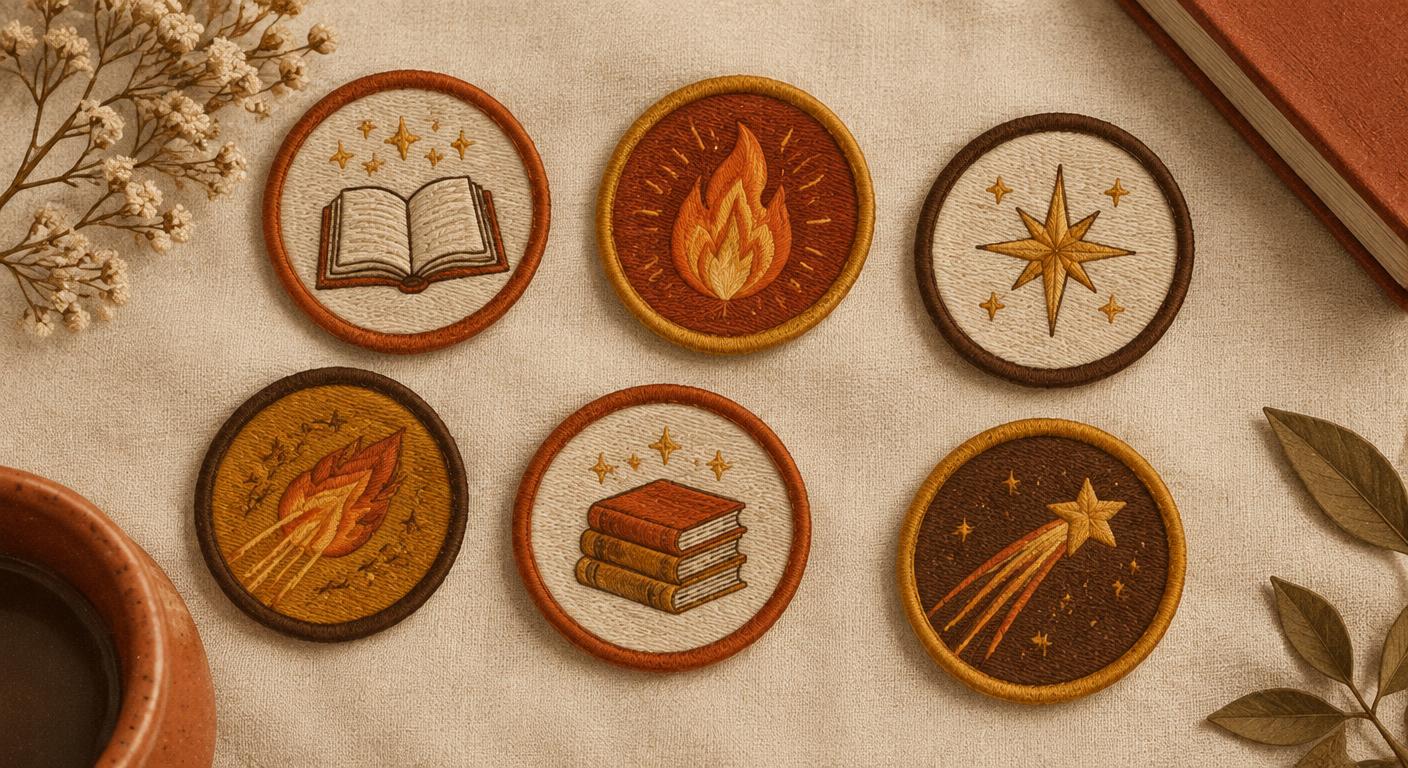 Samling av broderte merker med bok- og stjernemotiver