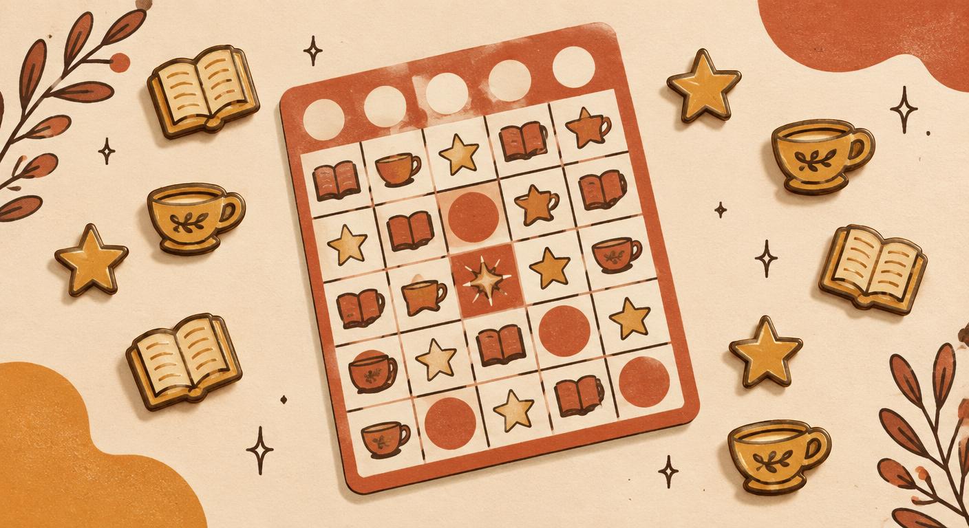 Bokbingo-kort med bøker, stjerner og tekopper i varme farger